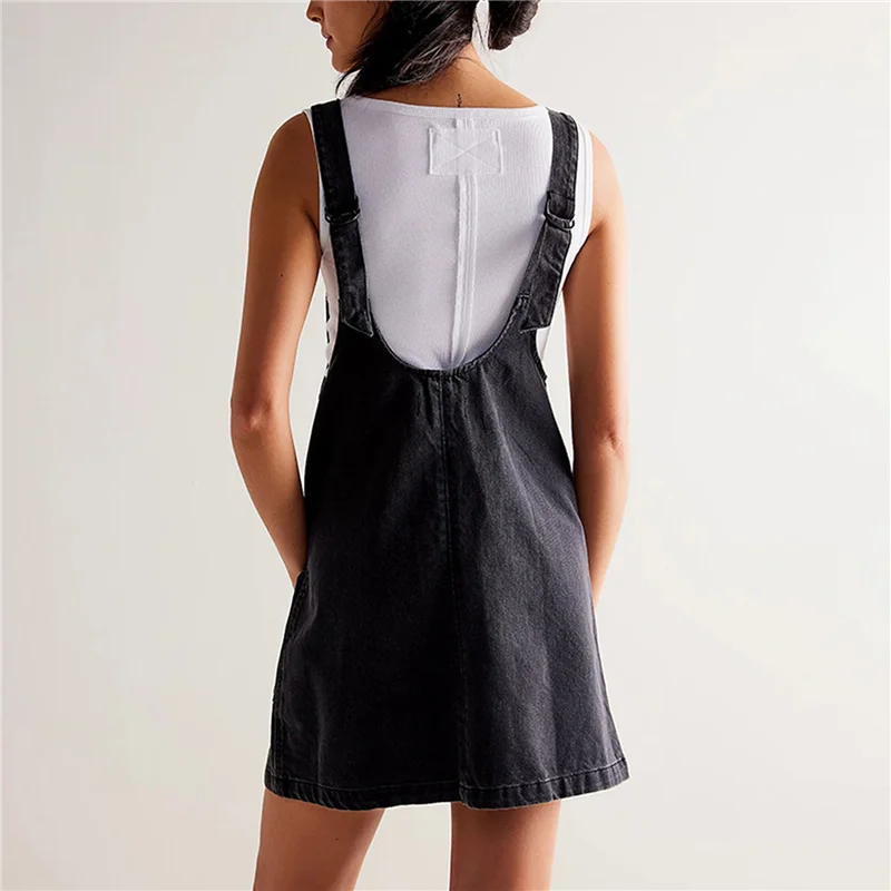 ABRT-femmes Denim salopette Mini robe bretelles réglables haut rouleau jupe décontracté Jean barboteuse robe