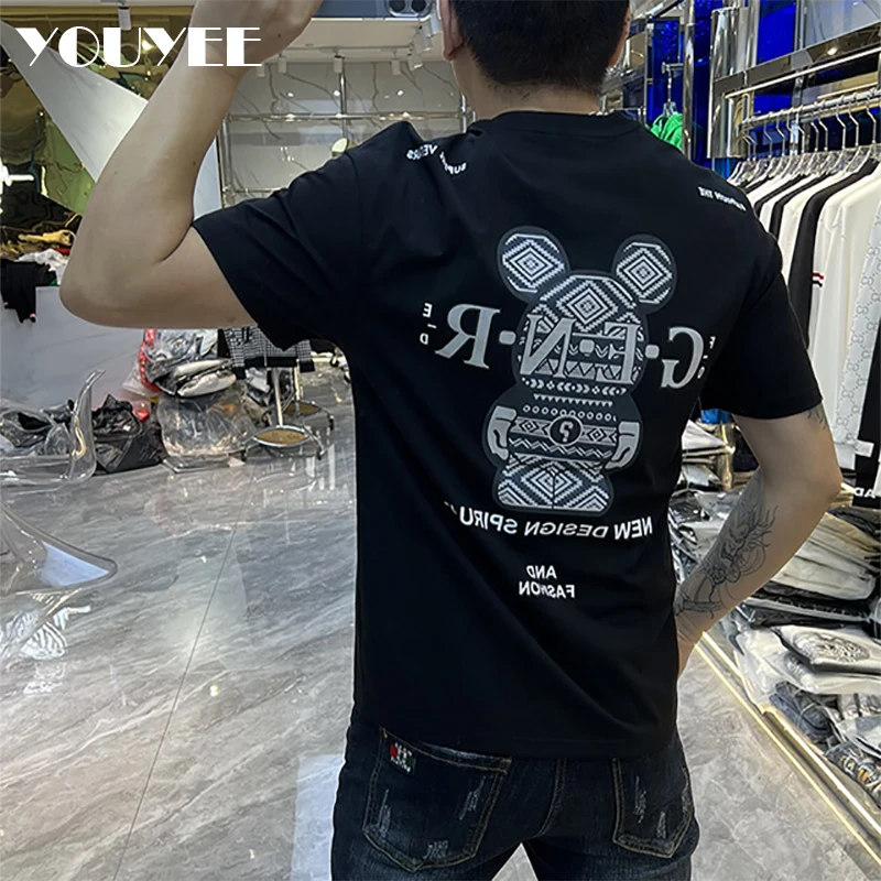 Summer New T-shirt For Man Bear Print Sports Fashion Casual Mercerized Cotton Round Neck Slim Fit Trend Male Tops Men's Clothing