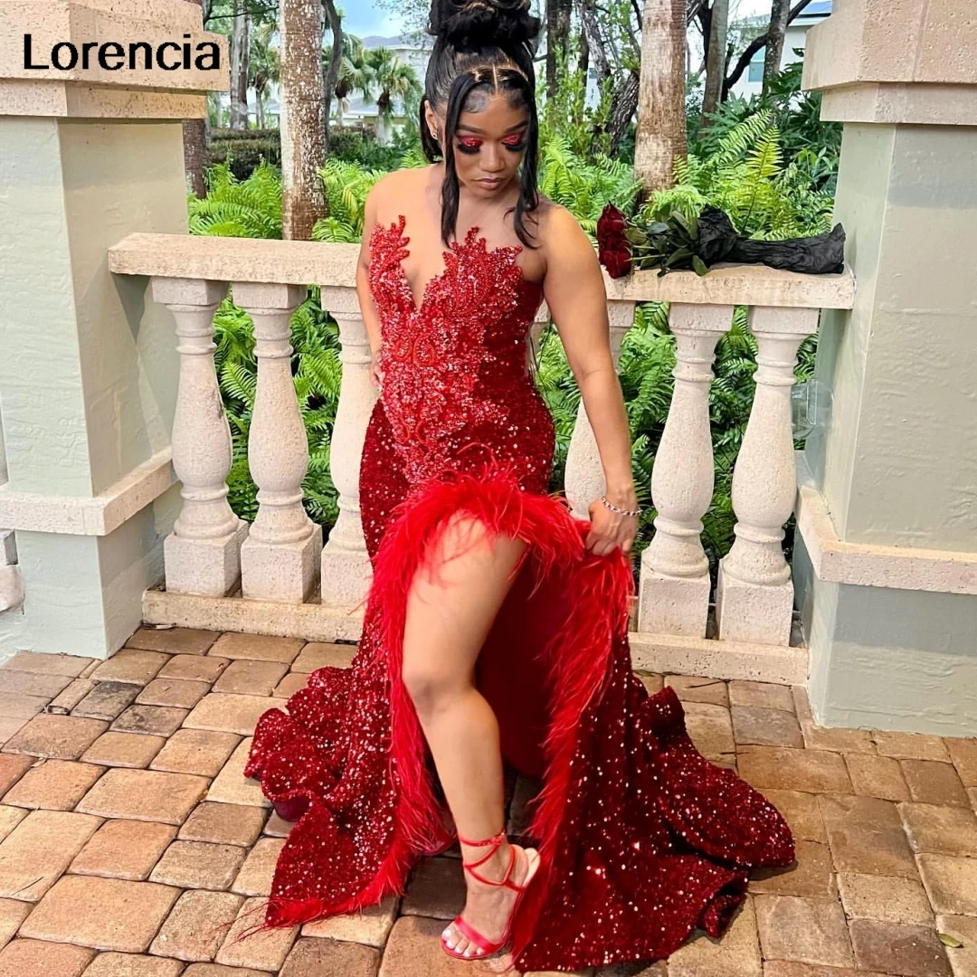 Lorencia Burgundy Feathers Sequins Ruched Silt Prom Dress 2024 For Black Girls Mermaid Party Gala Gown Vestidos De Festa YPD126