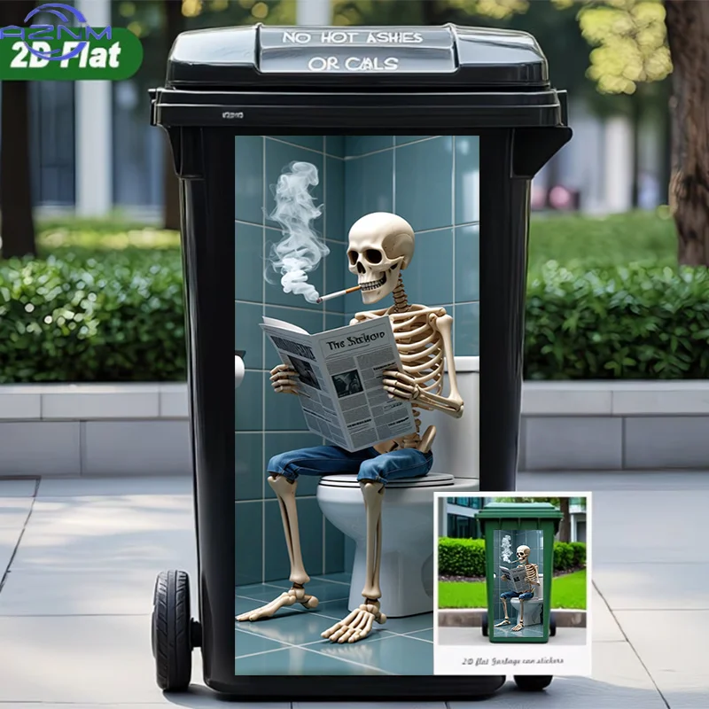 One Trash Can Sticker Measuring 37*82cm / 14.57*32.28 Inches, Featuring a Design of a Skeleton Sitting on a Toilet Reading a N