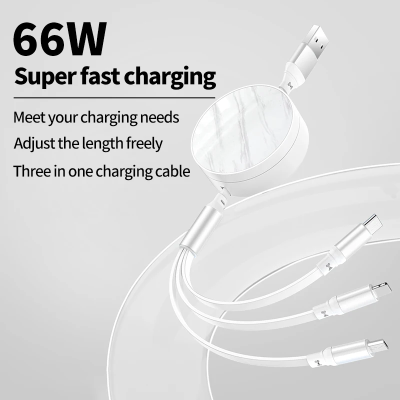 3 In 1 USB Fast Charging Cable Retractable 6A/66W Type C Charger Cord Data Cable For iPhone Xiaomi Huawei Oppo POCO Wire