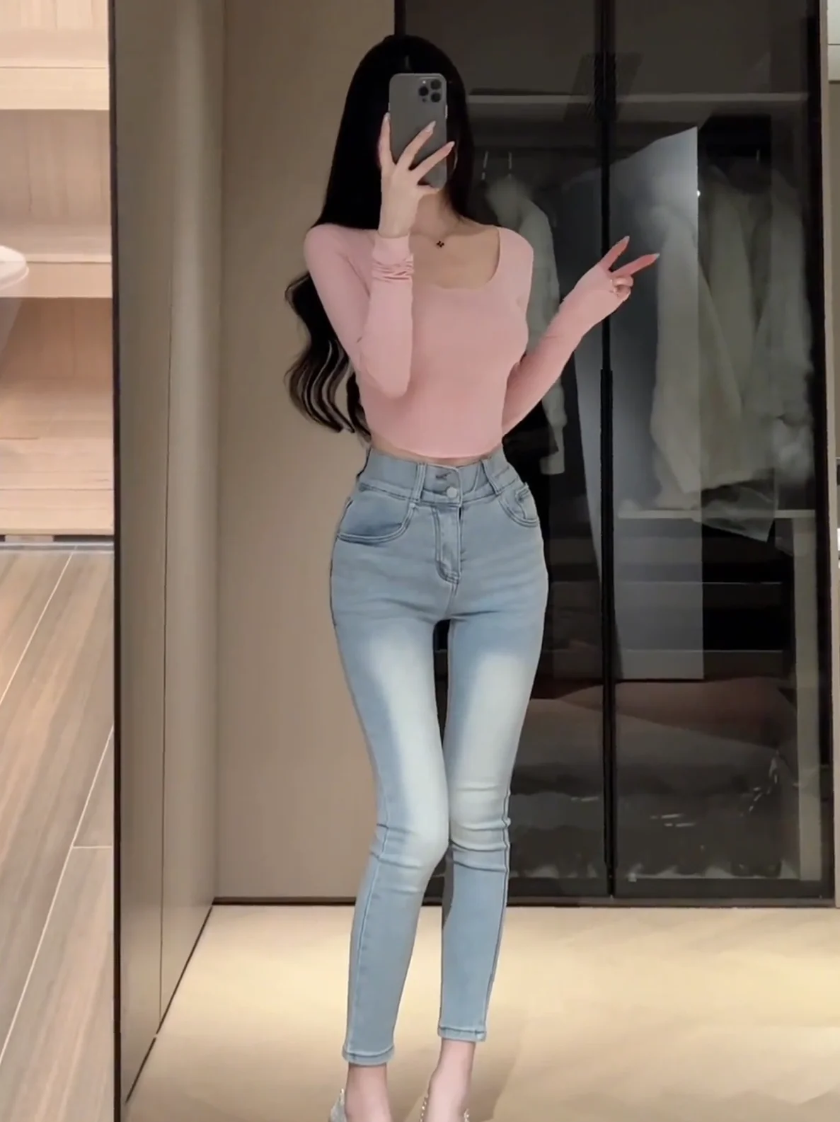 High Waist Elastic Slimming Denim Jeans Butt Enhancing Korean Style Pencil Nine Point Pants Spring Summer Cotton Stretch Denim