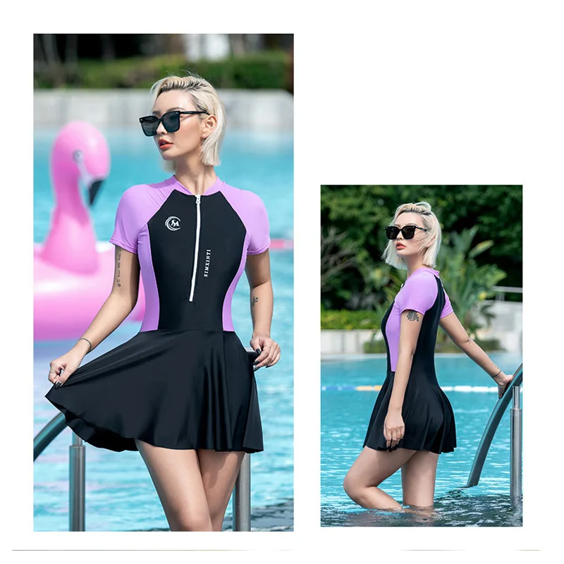 

Womens Rash Guard One Piece Swimsuit Zipper Short Sleeve Padded Swim Dress with Shorts Modest Bathing Suit Athletic Swimskirt