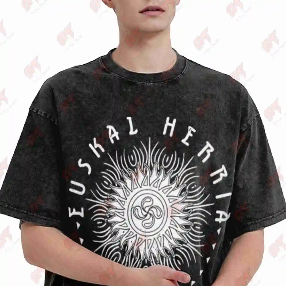 Lauburu Basque Herria Print Emblem Vintage Washed Tee Pure Cotton T-Shirt
