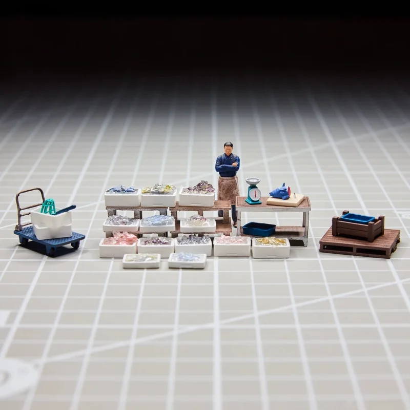 

1/64 Scale Painted Miniature Street View of Seafood Market Various Fish Model DIY Figure Scene Accessory Working Men Display