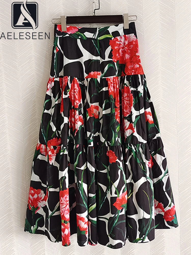 

AELESEEN 100% Cotton Skirt Runway Fashion New Women Black Red Flowers Printed High Waist Full Elegant Casual Holiday Sicilian