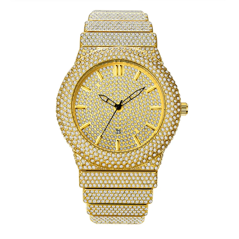 Montre de luxe à quartz de grande marque pour hommes, bracelet en alliage, diamant Hip Hop, date dorée, approvisionnement sss, Relojes Lujo Marcas