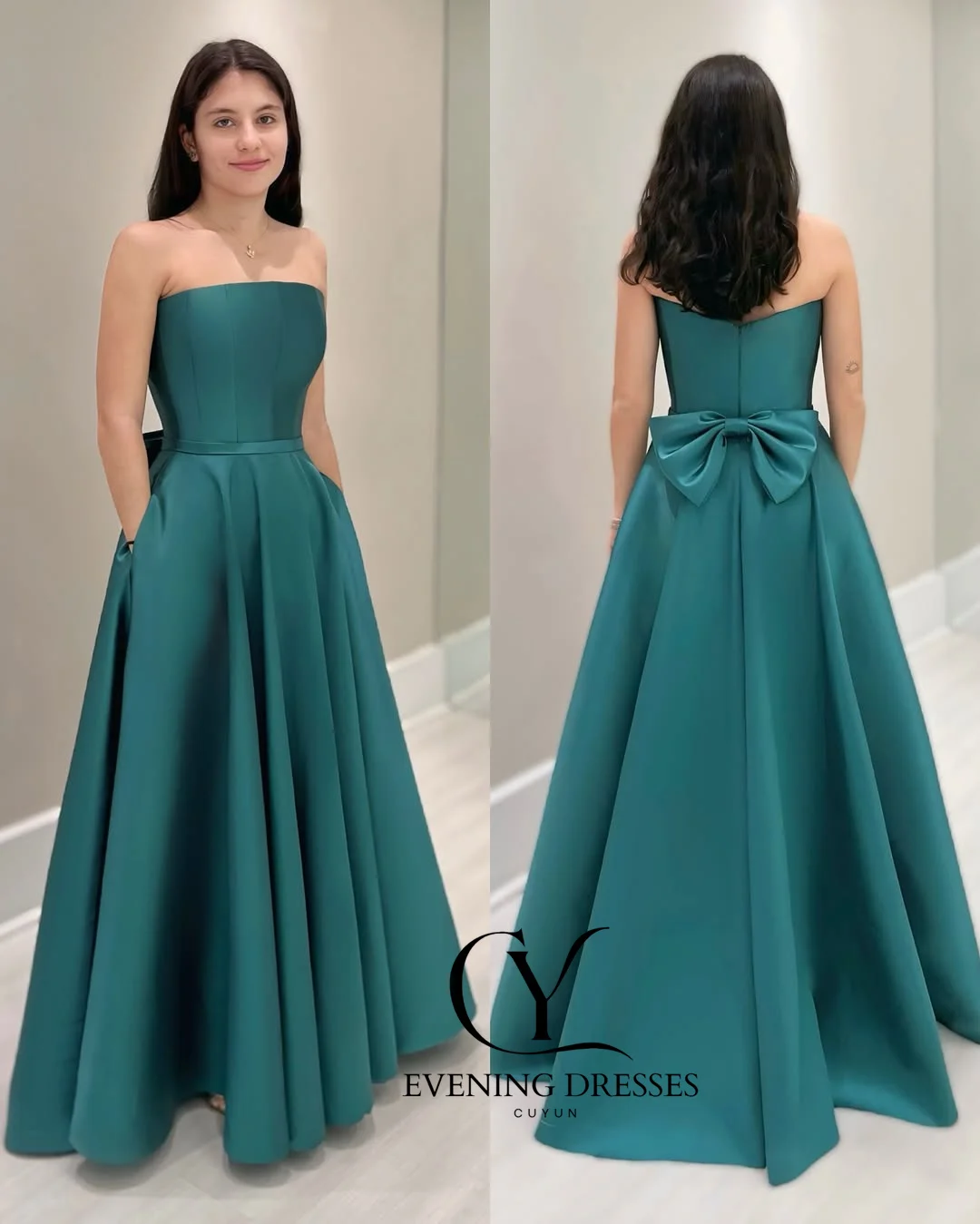 CUYUN ダークグリーンの女性用パーティードレス ポケット付き カスタマイズされたストラップレスサテンイブニングドレス 特別な機会のためのロングプロムドレス
