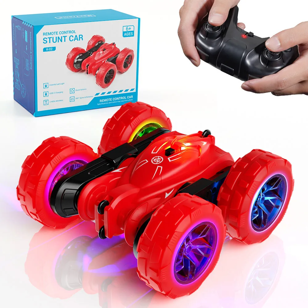 Rechargeable Remote Control Cars with Colorful Lights 360° Rotating 2.4Ghz 4WD All Terrain RC Stunt Cars for Kids