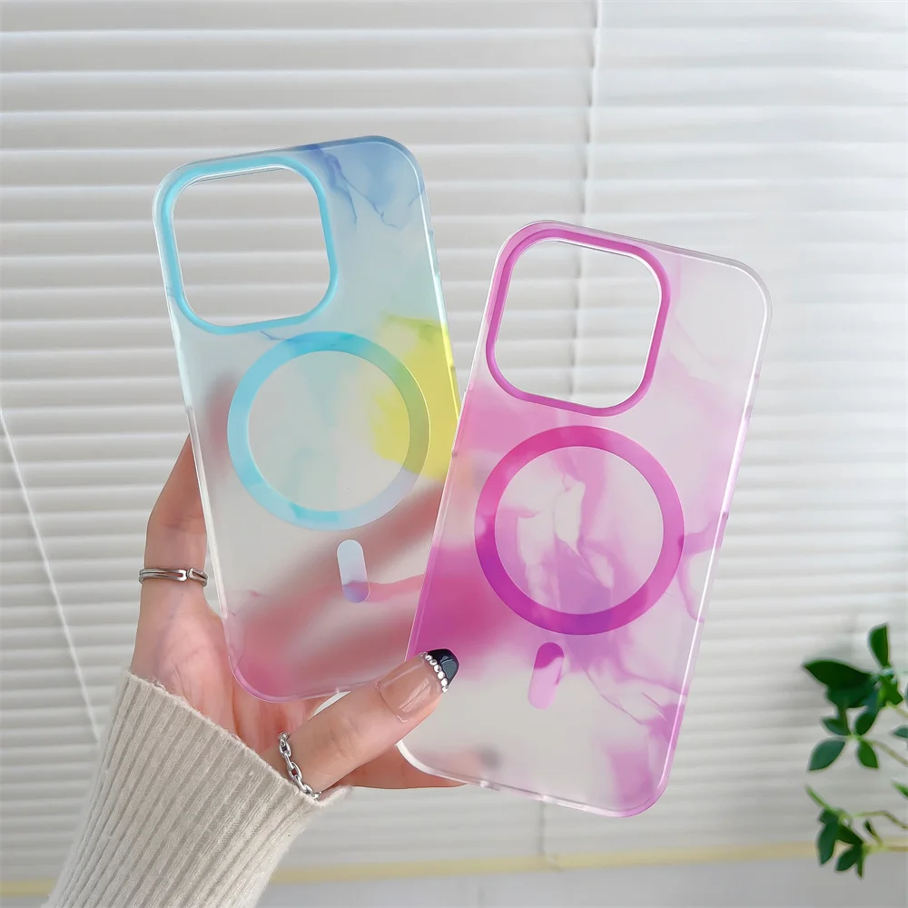 

Ultra-Thin Semi-Transparent Watercolor Magsafe Case for iPhone 14 Pro Max 12 13 Pro 14 Plus Wireless Charging Liquid Phone Cover