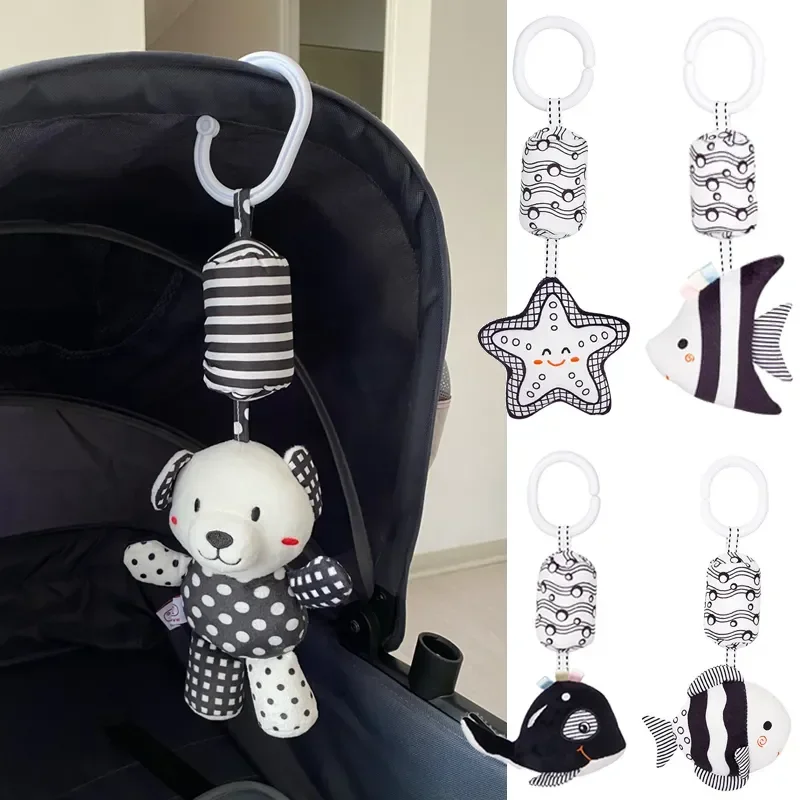 

Baby Infant Rattles Newborn Black White Visual Grab Ability Training Toys Stroller Bed Hanging Bell Plush Doll Children's toys