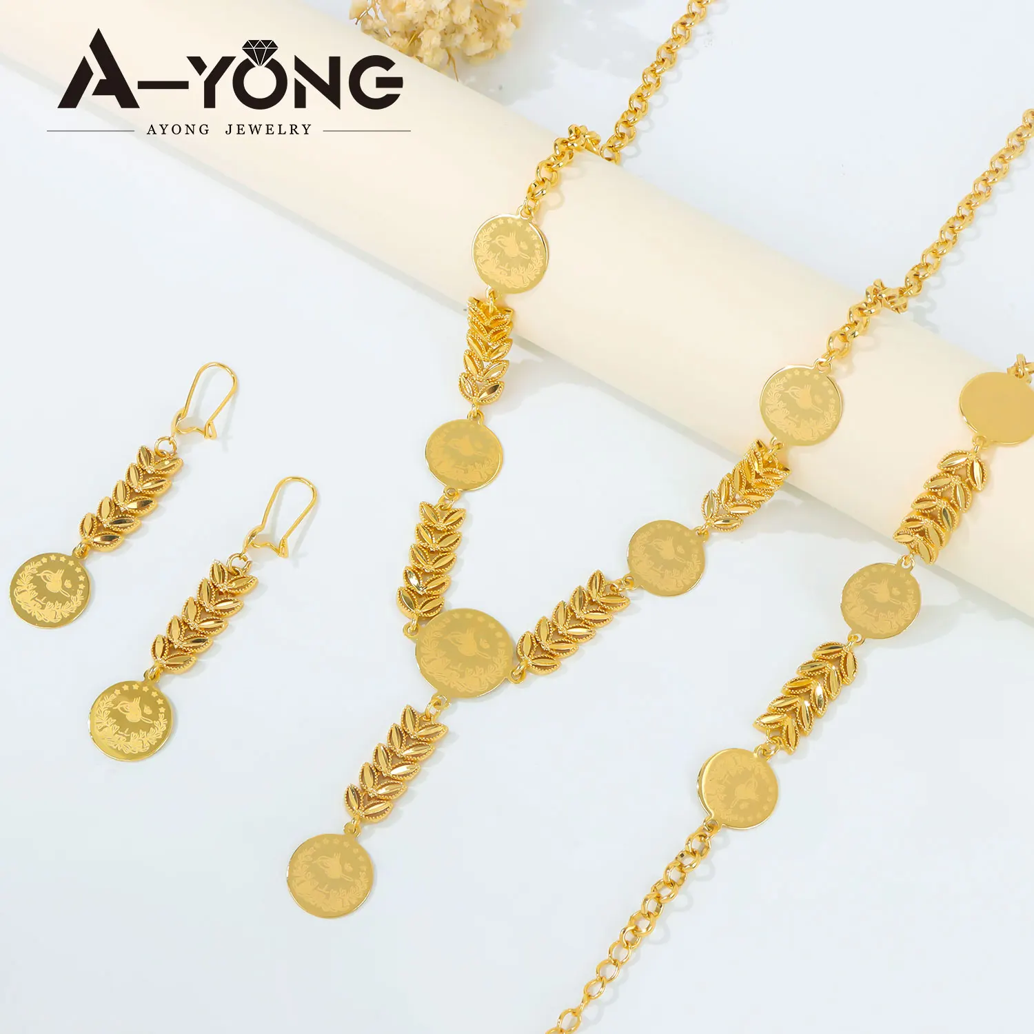 Nigerianisches Brautschmuck-Set 21k Vergoldet Arabische Münzen Halskette Armband Ohrringe Türkischer Modeschmuck für Frauen – Detail 5