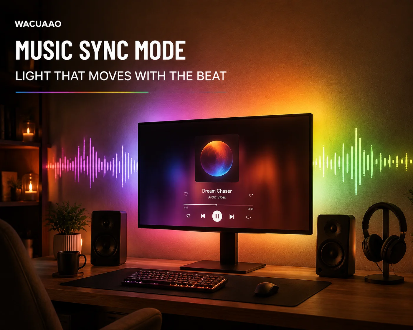 WACUAAO Smart Screen Sync LED Strip for PC Mac,RGBIC Monitor Backlight, DIY Cut-at-Any-LED, Music Rhythm Light, USB Ambient Lamp