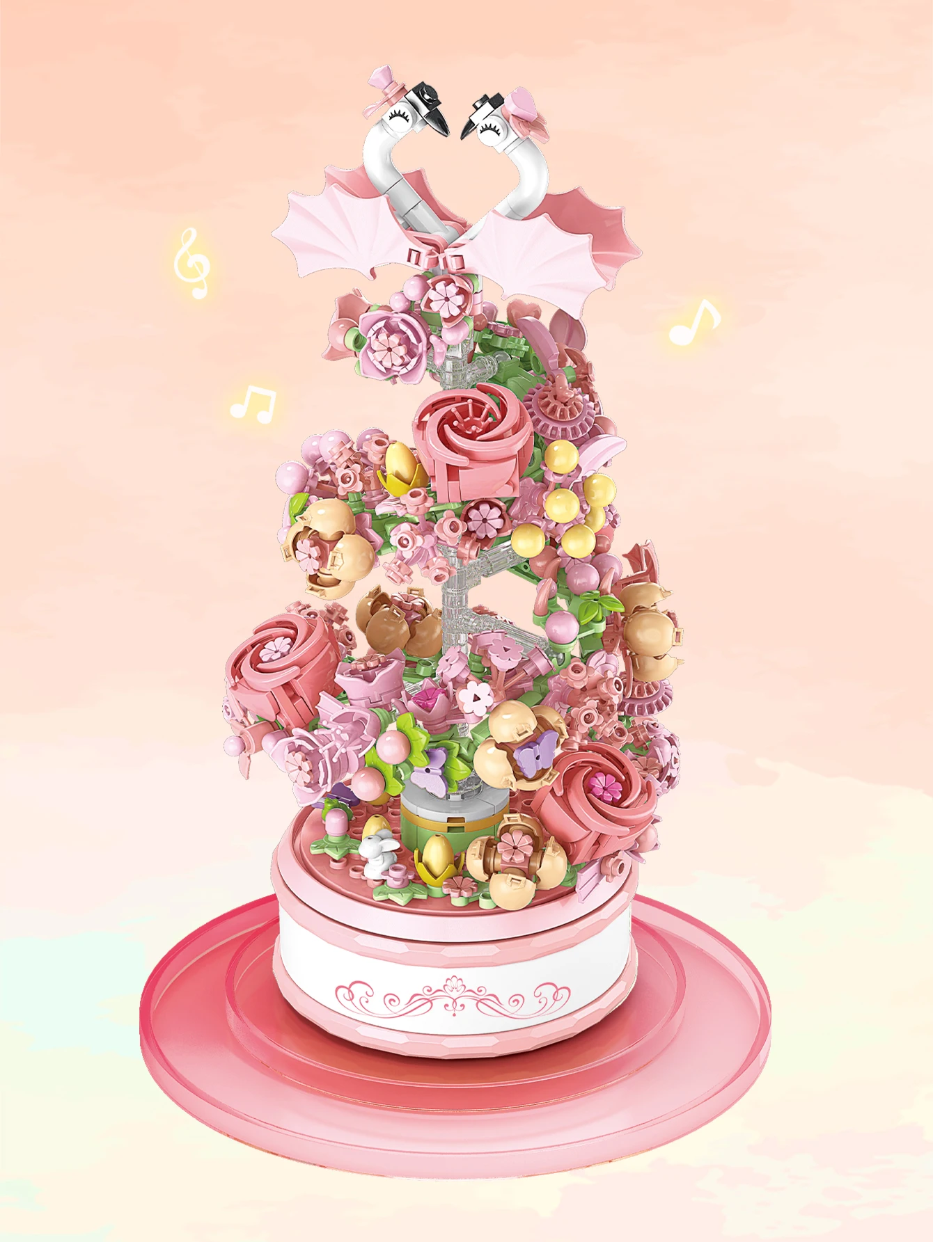 Klocki konstrukcyjne, pozytywka z kwiatem i łabędziem, 713 elementów, seria ozdób do dekoracji domu