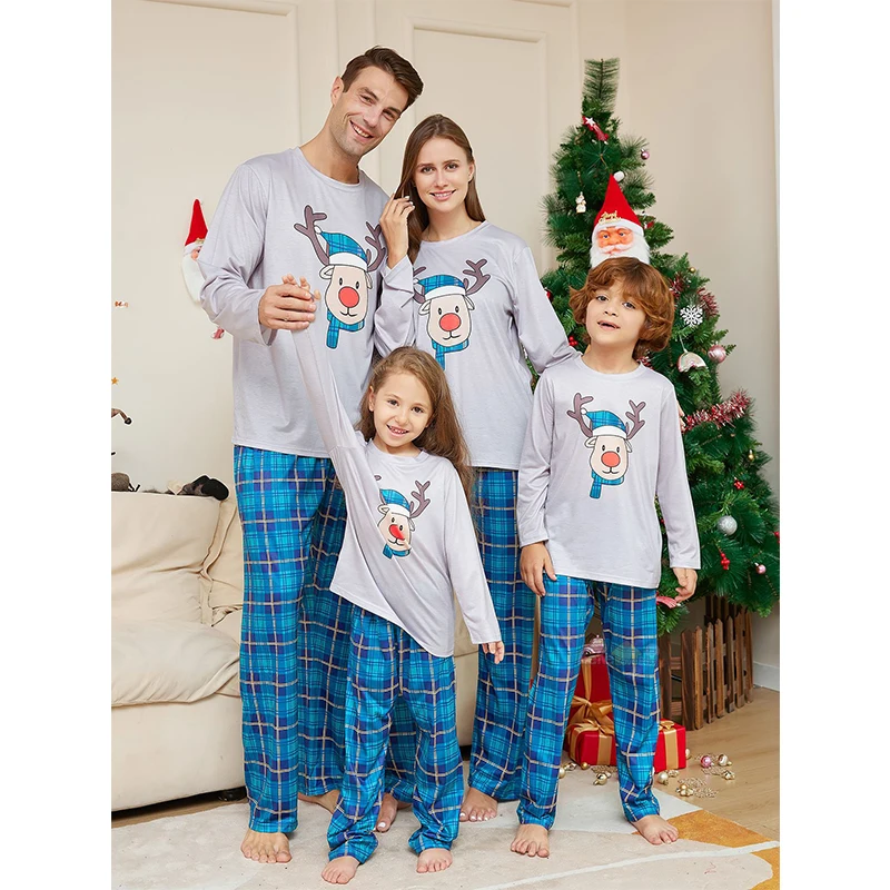 Xmas Pajamas Outfits Family Matching 2024 New Year Elk Plaid Printed 2PCS Pyjamas Pants Print Adult Kids Baby Christmas Clothing