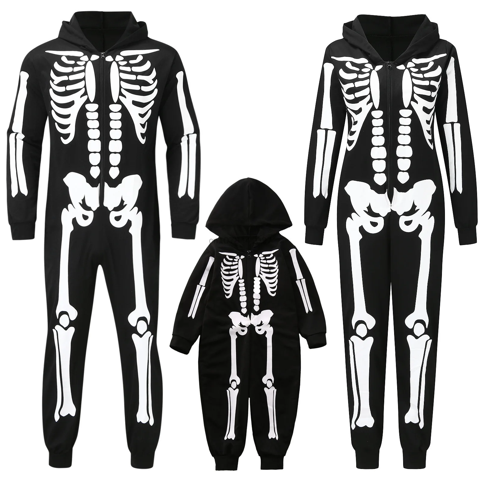 Halloween Carnival Outfit Family Costume Bone Skeleton Jumpsuit Cosplay Zipper Hooded Romper For Adult Kids Women Men Boy Girls