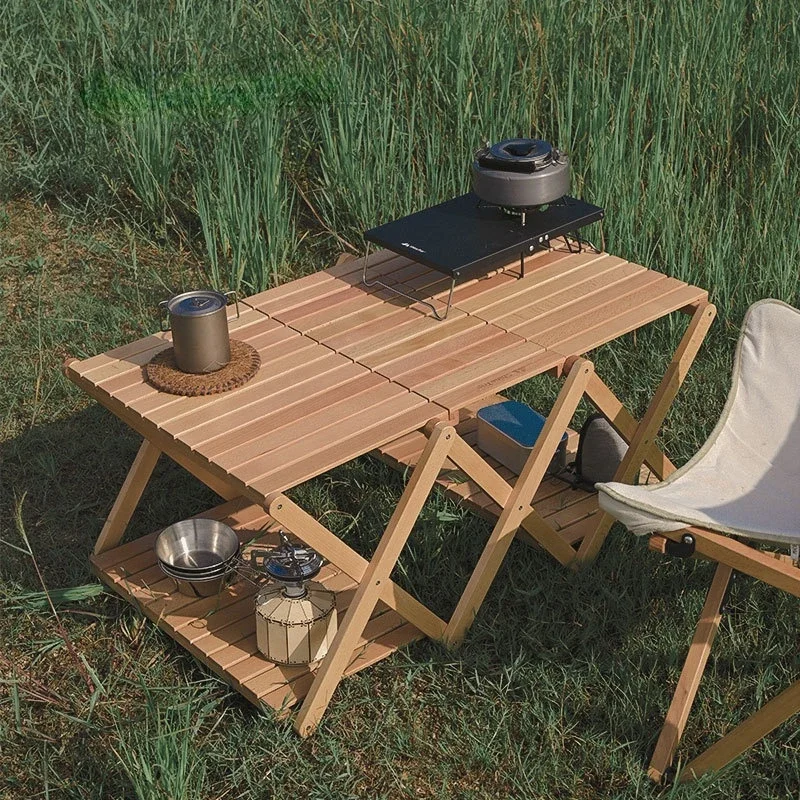 Solid Wood Outdoor Folding Table: Multi-Function Storage, Stable Load-Bearing Camping Table for Outdoor Activities