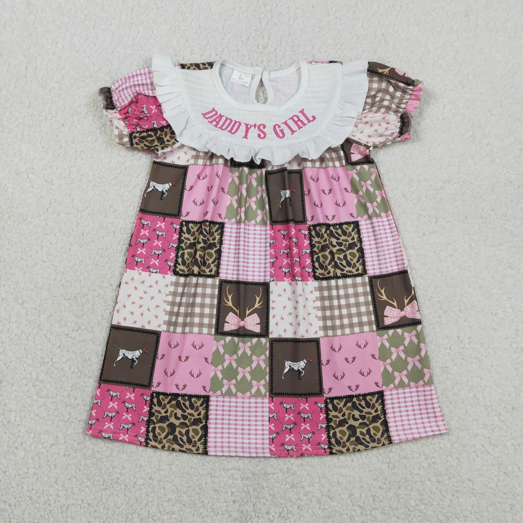 Wholesale Infant Toddler Smocked Clothing Kids Children Short Sleeves Embroidery Daddy's Dresses Baby Girl Deer Dogs Bows Dress