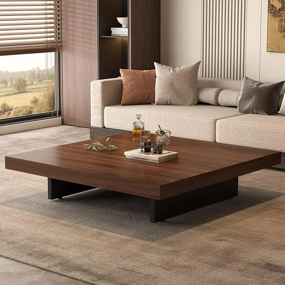 Solid Wood Adjustable Footrest Square Coffee Table, 39.4x39.4x17.7 for Living Room