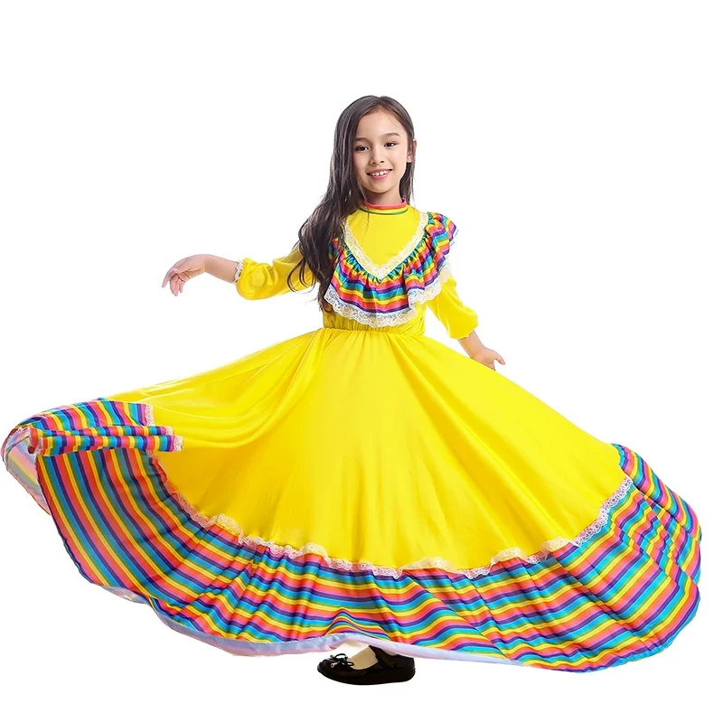 สาวพื้นบ้านแบบดั้งเดิมเม็กซิกันการแสดงบนเวทีชุด 5 พฤษภาคมฉลองเทศกาลเม็กซิกันยาวชุดเต้นรําแกว่งกว้าง