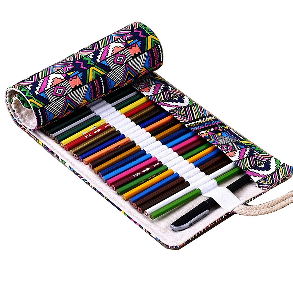 Pencil Roll-up Case 72 Holder Simple for Gen Pens and Colored Pencils Storage Organizer Canvas Individual Compartments