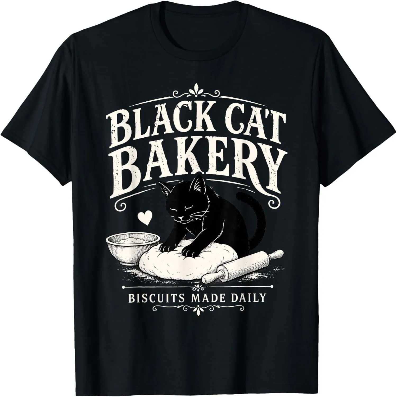 Black Cat Bakery Biscuits Made Daily Vintage Funny Cat Graphic T-Shirt