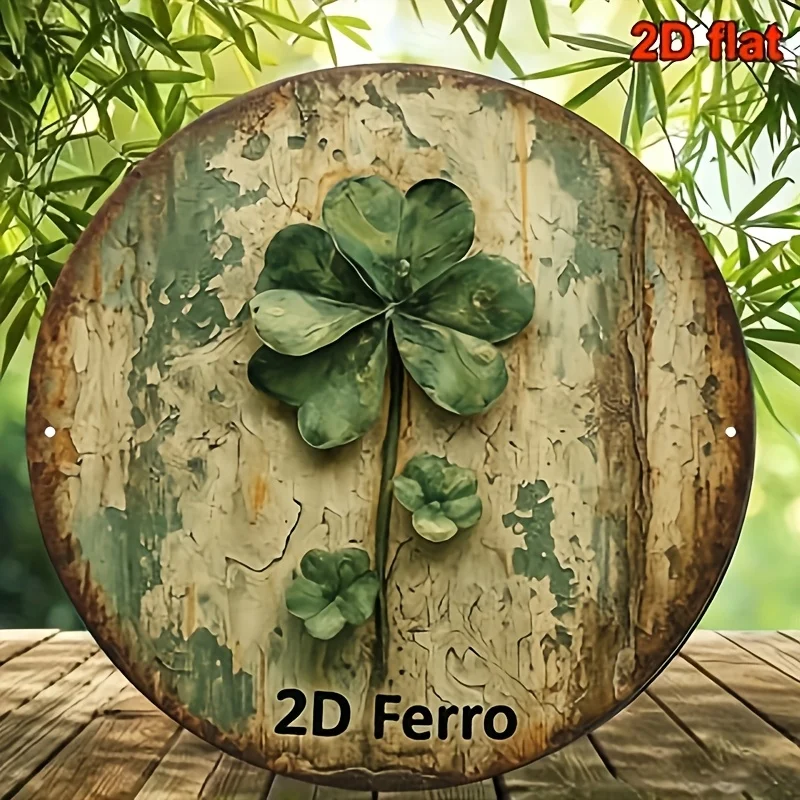 2D Flat, 1pc Vintage Four-Leaf Clover Lucky Charm Metal Wall Plaque - Irish Good Luck Decor with Vintage Beige & Green Circular