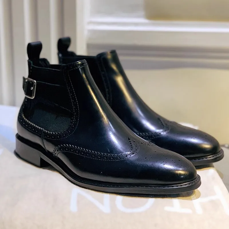 Autumn and winter leather carved square heel heightening formal elastic sleeve men's boots large size small size flat men's shoe