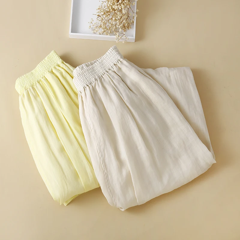 Luźne lniane spodnie haremki damskie plus size z elastyczną talią, dwuwarstwowe, w jednolitym kolorze, z mankietami, długość 7/8, idealne na lato.