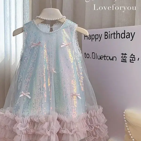 Girls Skirt 2025 Summer New Childrens Clothing Korean Style Girls Baby Bow Glittering Princess Skirt Casual Simple Daily