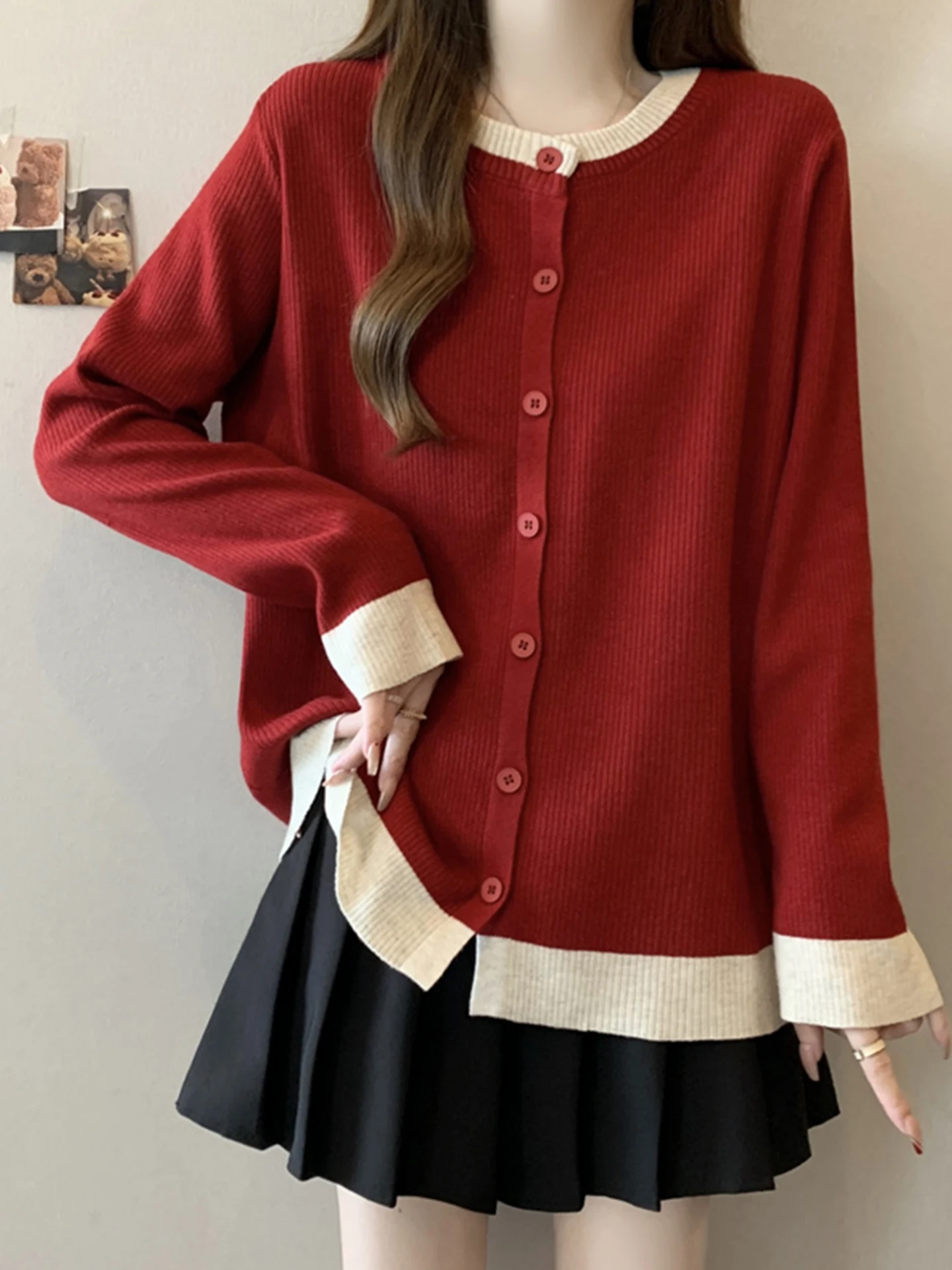 

Женский вязаный кардиган-накидка на весну 2026 года, больших размеров, с эффектом утяжки и скрытия живота, премиум-класса, базовый топ с цветовыми блоками