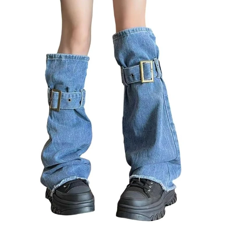 

Women Washed Jeans Blue Leg Warmer Buckled Strap Grunge Baggy Flared Boot Covers