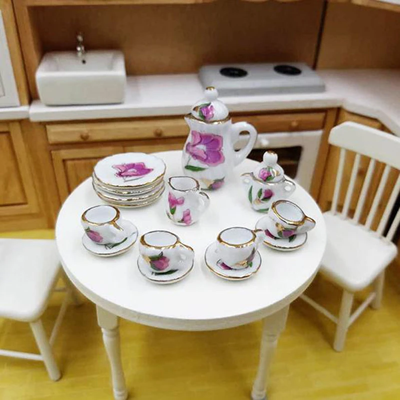 15Pcs/Set 1:12 Dollhouse Miniature Tableware Porcelain Ceramic Tea Cup Plate