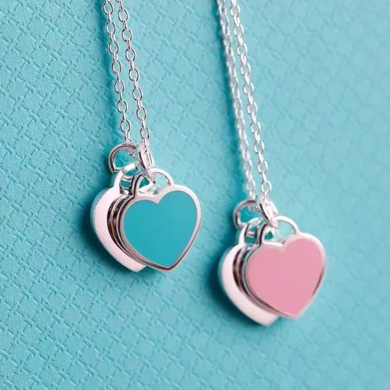 Popular Online Necklaces Sold In Red Blue Pink Minimalist And Versatile Styles Dropping Oil Double Love Necklaces Cute/romantic