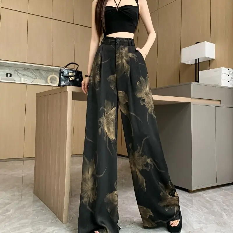 

Spring and Autumn Korean Commuting Age Reducing Printed High Waist Folded Design for Slim Fit and Skinny Coverage Wide Leg Pants