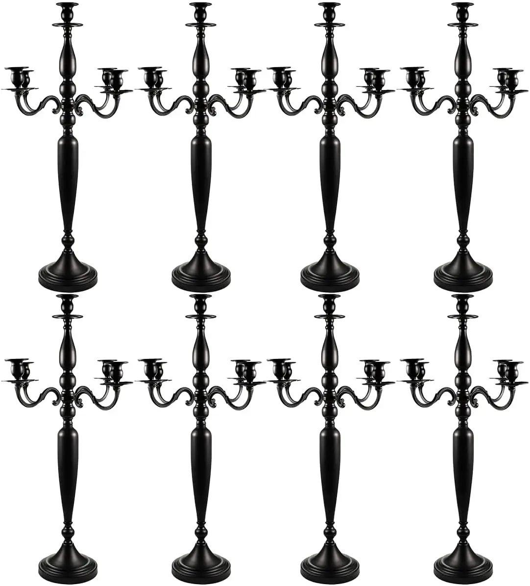 8Pcs 5 Arm Candelabra Black Matte For Wedding Centerpiece, 28.54 Inch Tall Candlestick Holders For Church Party Dining Table Decor Fit 0.78 Taper Candle