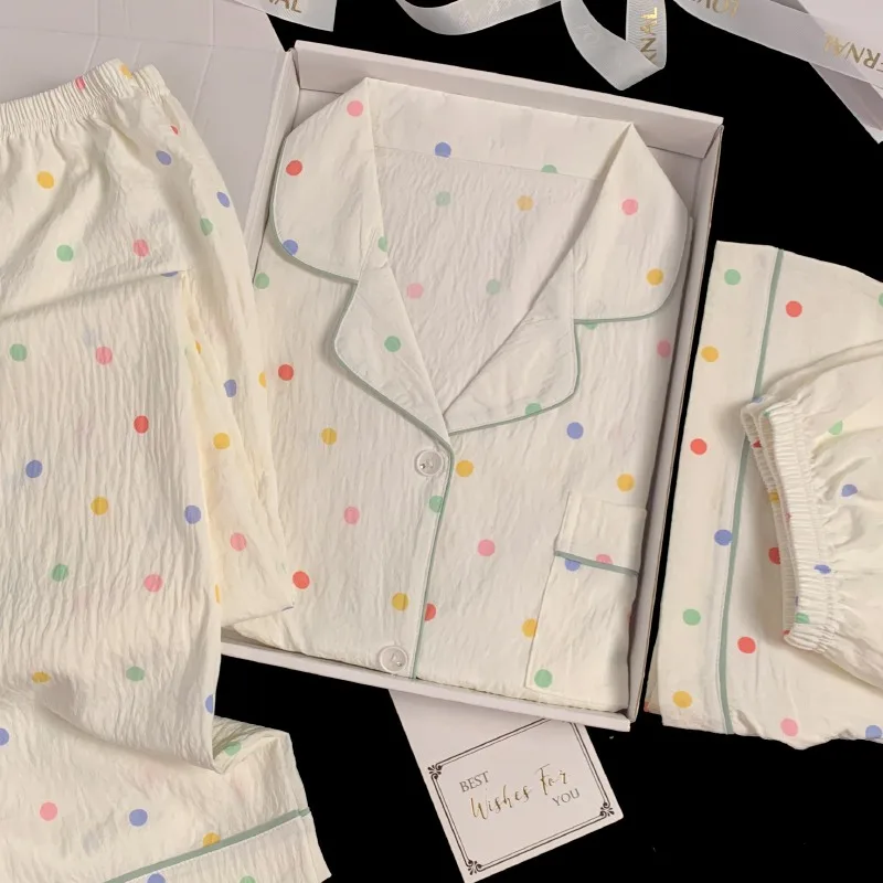 

Женский пижамный комплект, одежда для сна в красочный горошек, корейская модная пижама на пуговицах, комплект из 3 предметов, женская пижама, одежда для сна, домашняя одежда на лето