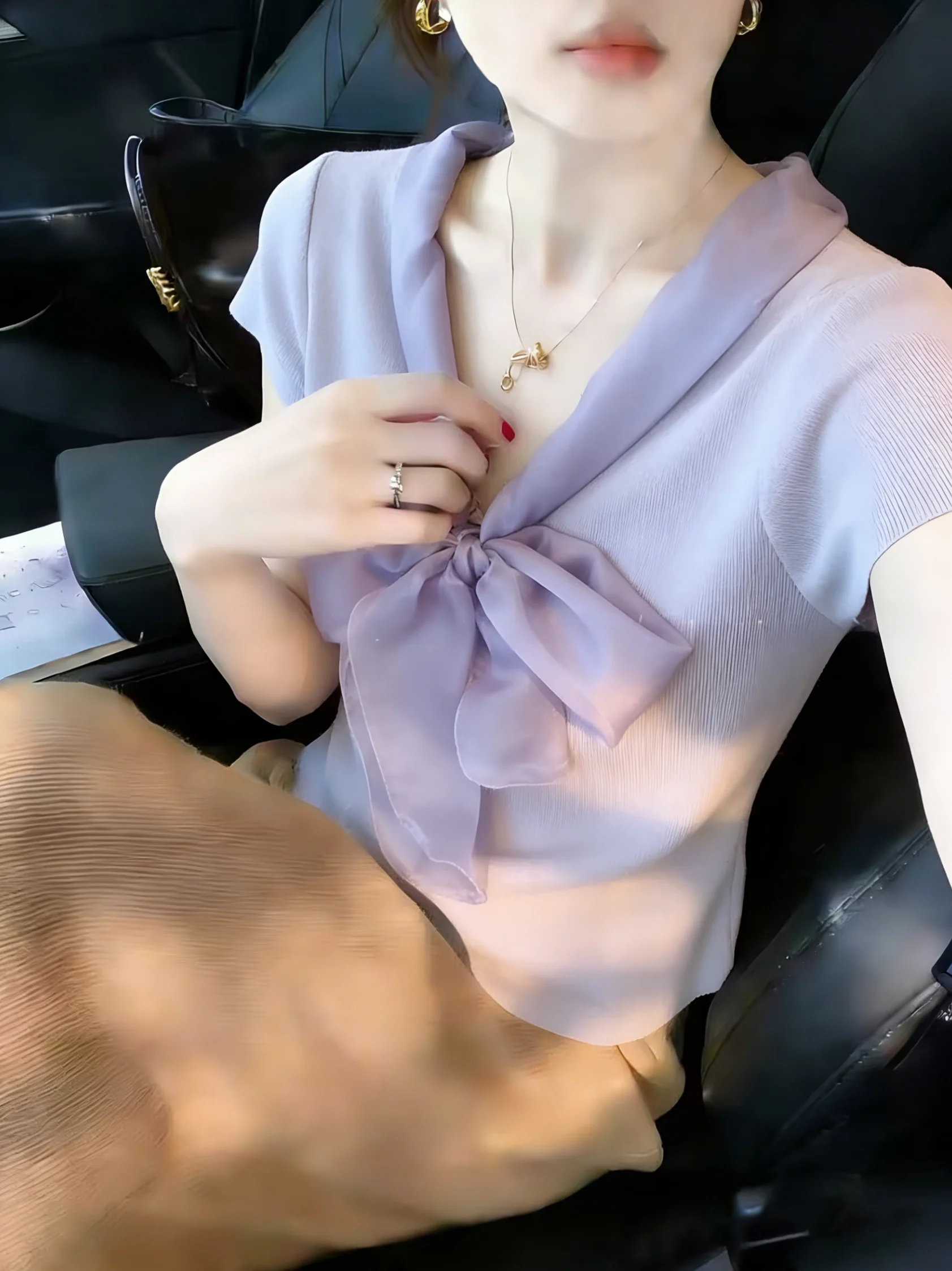 

Knot Tied Short Sleeve Knitted Bow Women's T-shirt Summer New Style Self-kept High-grade Anti-aging Top