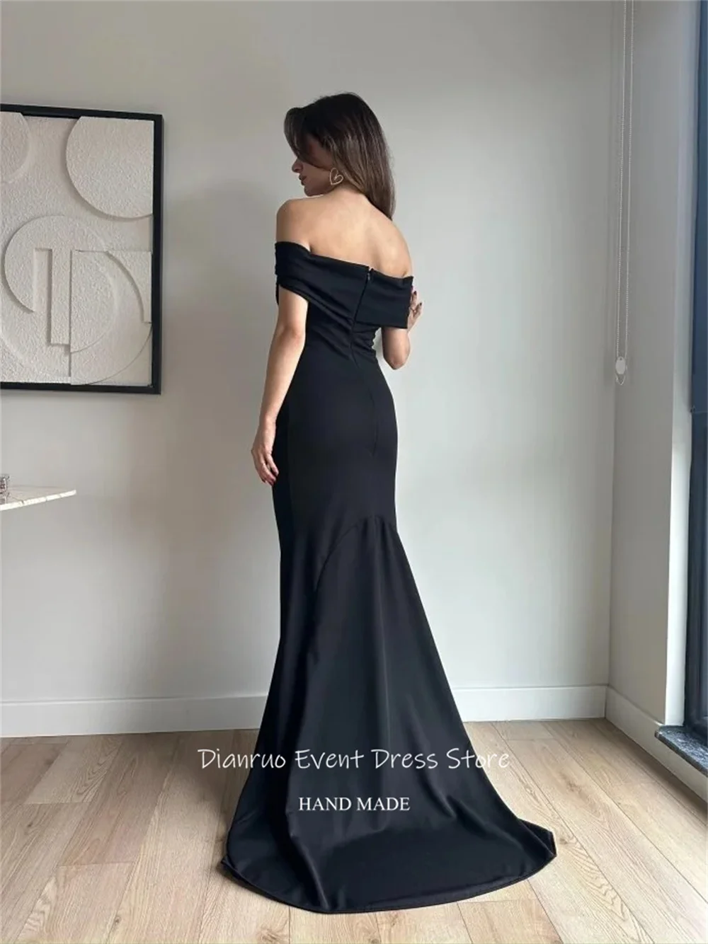 Dianruo Черные вечерние платья с короткими рукавами и рюшами со шлейфом Robe De Soirée Femme Русалка с открытыми плечами Халаты Habillées по индивидуальному заказу