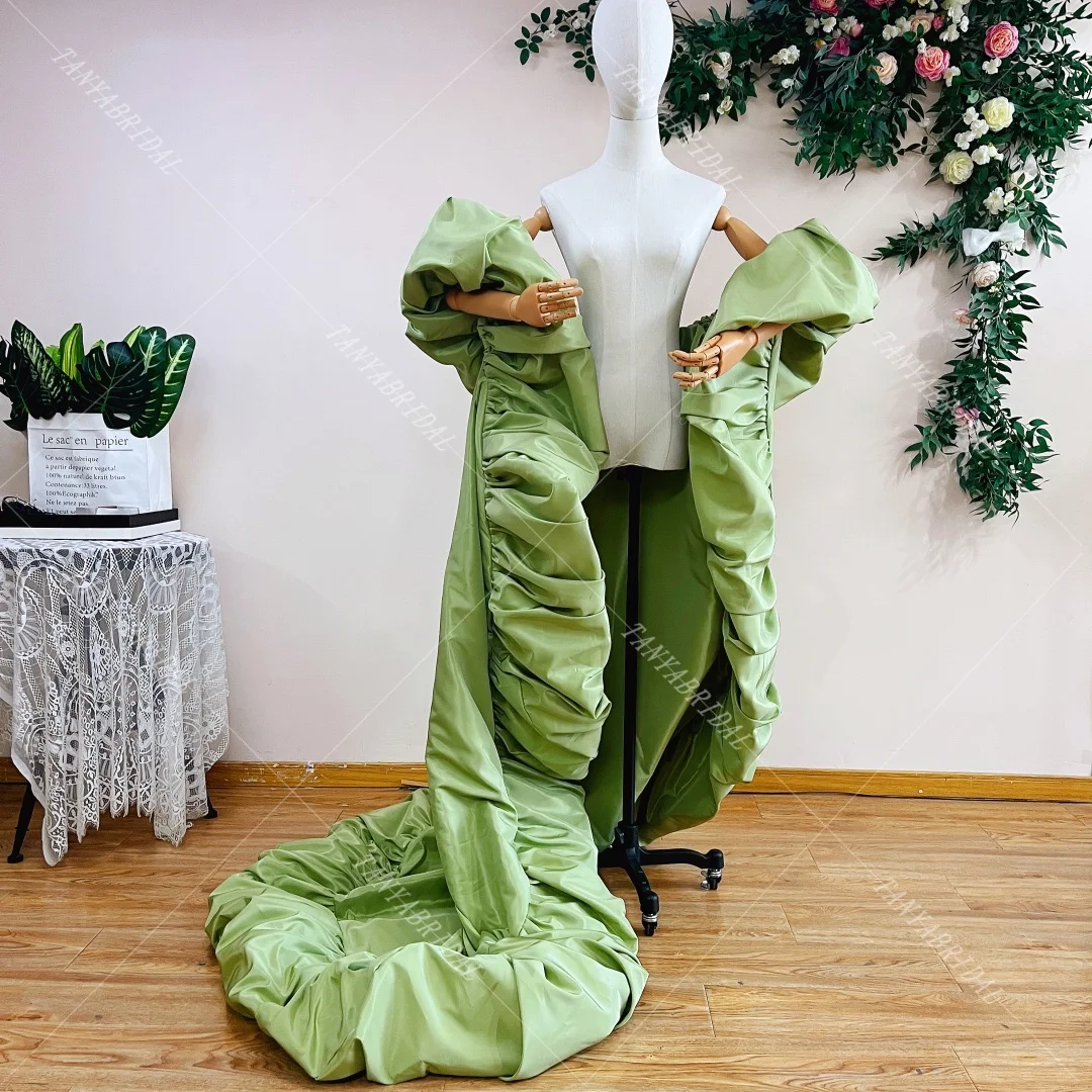 Matcha Green Long Taffeta Cape Puffy Sleeves A Line Pink Evening Party Coat Fashion Cloak ,Lady Outfit Runway Wrap Jacket