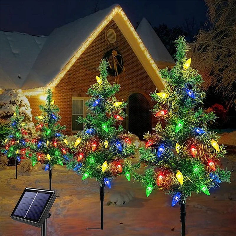 

AEE4-4-Pack Solar Small Christmas Tree Lights Lantern Mini Xmas Tree With Lights For Outside Pathway Porch Yard Decorations