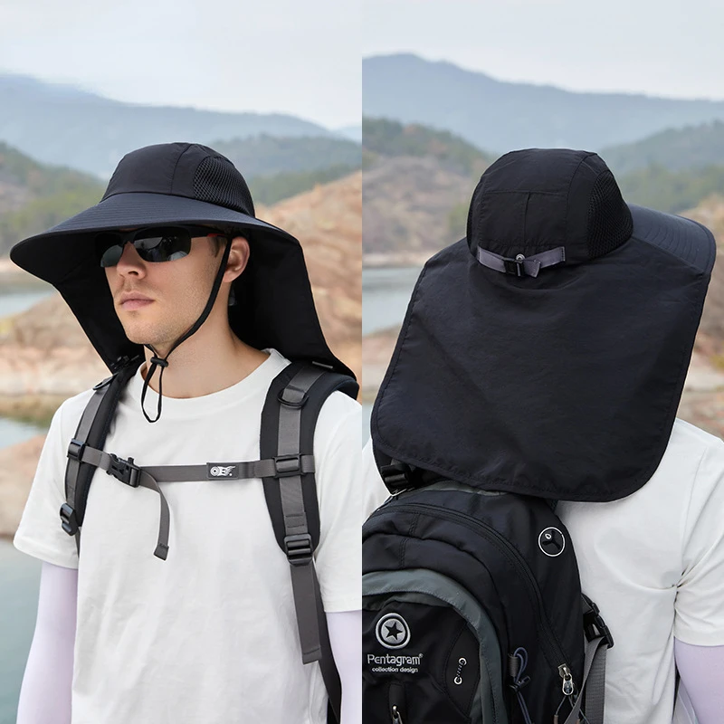 Unisex Summer Wide Brim Waterproof and Quick-drying Panama Caps Outdoor Visor Bucket Hats Mesh Breathable Sun Hat with Neck Flap