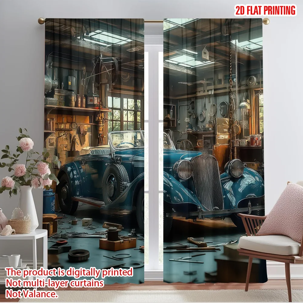 

2pcs 2D flat printing Window Curtains Vintage Blue Convertible Garage Polyester Without Electricity Party Decorations Use for