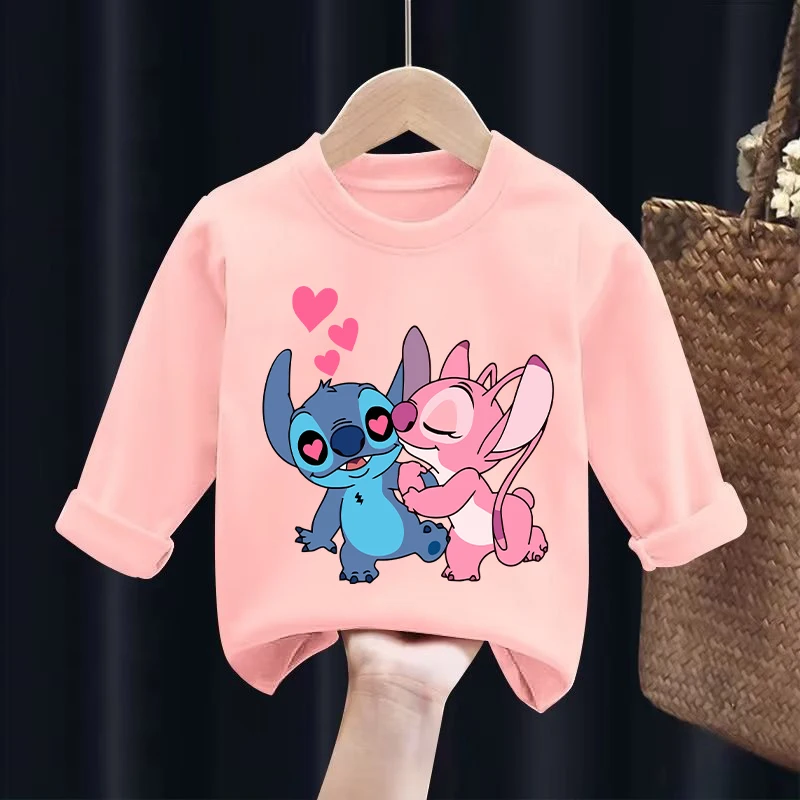 New Lilo Stitch Children Tops Kawaii Disney Cartoon T-shirt for Girls Kids Casual Long Sleeves Tops 2024 Baby Autumn Clothes