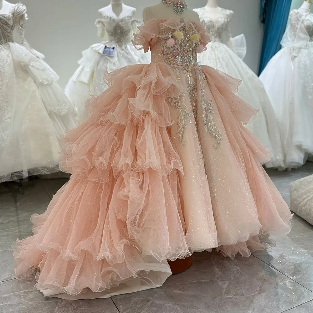 Jill Wish-Girl's Beaded Crystal Princess Dress, Kids Luxury Coral Gown, Birthday Party, Casamento, Feriado, Comunhão, Crianças, 2024, J080