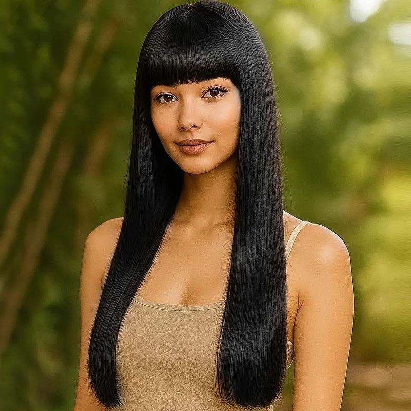 

28 inch black straight wig made of synthetic material with high density, softness, and smoothness, suitable for daily travel use