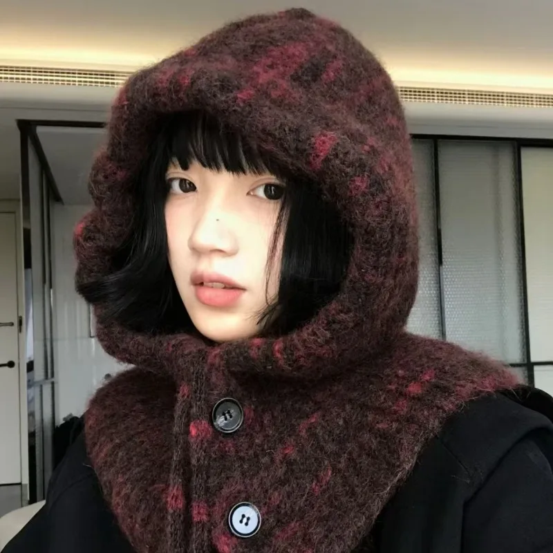 

Корейские ретро разноцветные вязаные шапки-балаклавы для женщин, зимняя теплая защита шеи, интегрированная универсальная вязаная шапка-бомбер