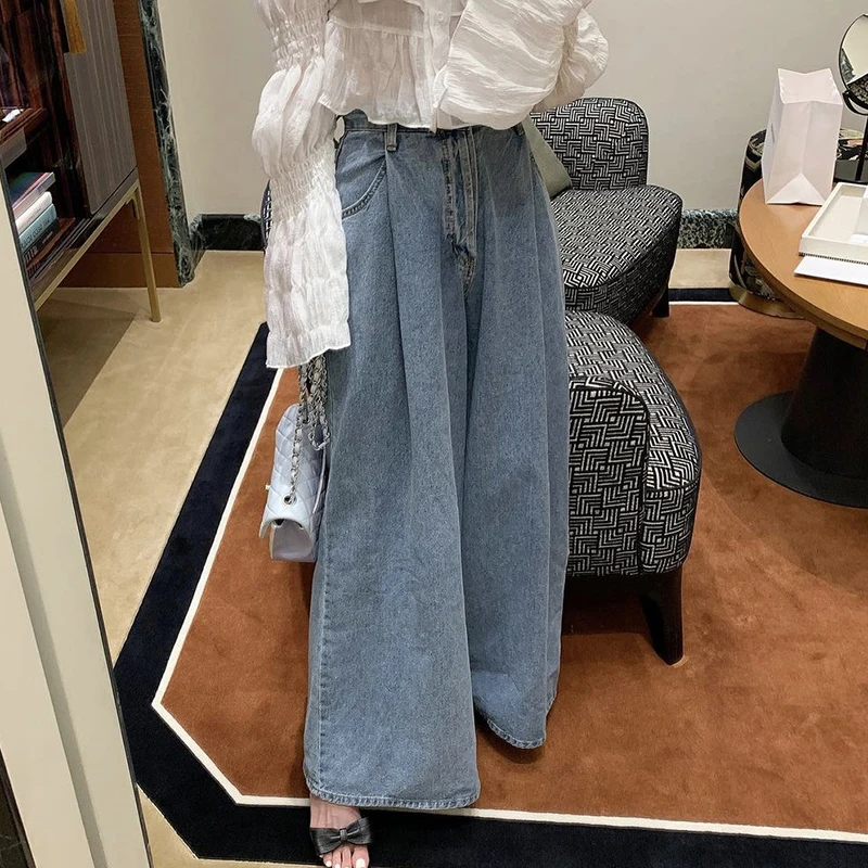 

Spring Vintage High Waist Wide Leg Jeans Single Button Pred Pleat Design Versatile Loose Straight Cut Denim Pants