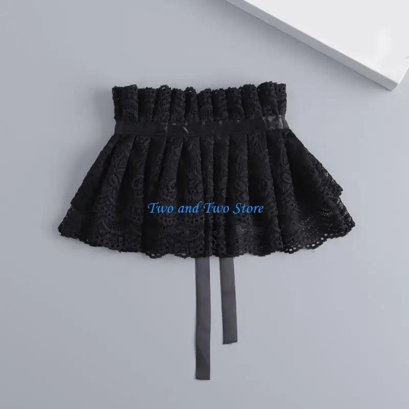 Hx6f ruffle renda berdiri kerah palsu dengan pita untuk wanita victorian leher terlepas ruff dekoratif selendang hitam cape