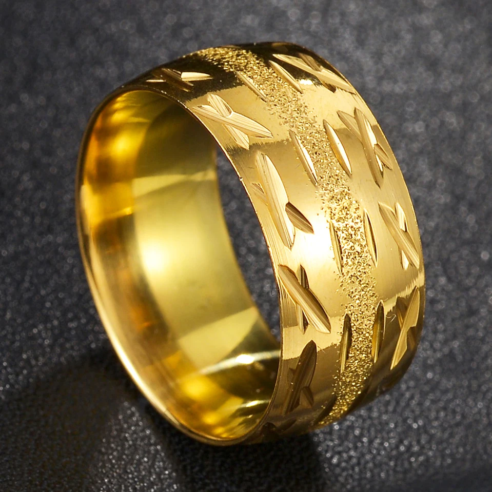 New Style Luxury Copper Material Tire Wide Gold Wedding Rings For Men And Women Stainless Steel Engagement Jewelry Gift